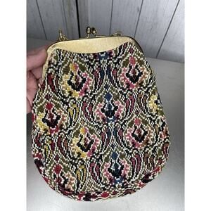 Vintage Tapestry Kisslock Handbag Multicolor Purse Gold Accent Made Japan